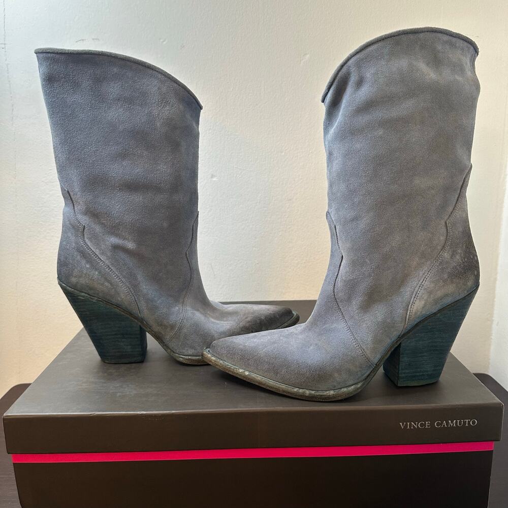 Vince Camuto Blue Suede Pattia Boho Pull-on Midi Boots Western Cowgirl, SZ 9 New